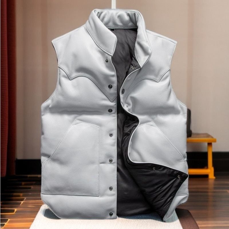 牛革カップルダウンベストショートスタンド レザージャケット冬用厚手保温ベストLサイズサイズ選択