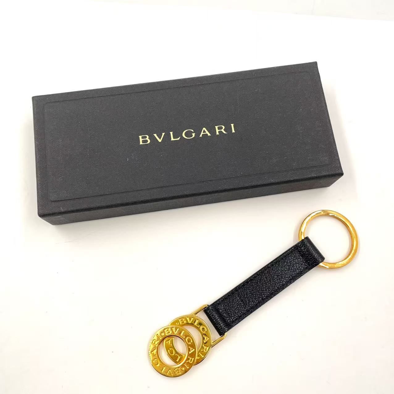 BVLGARI ロゴツインリング レザー×GP ブラック キーリング ゴールド