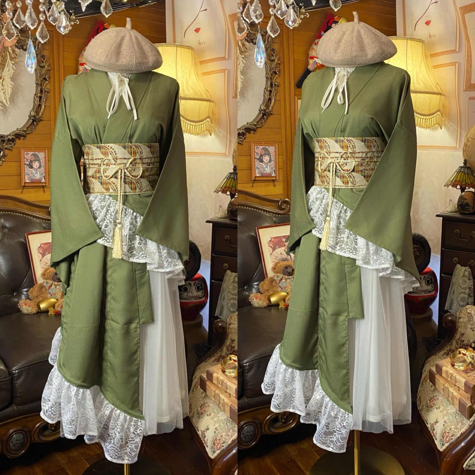単衣着物 2 way アシンメトリー ガウン 羽織り ドレス ワンピース ハンドメイド 和洋折衷 洗える 化繊 リメイク 名古屋帯サッシュベルト レトロ 古着 モスグリーン×白レース KD-90