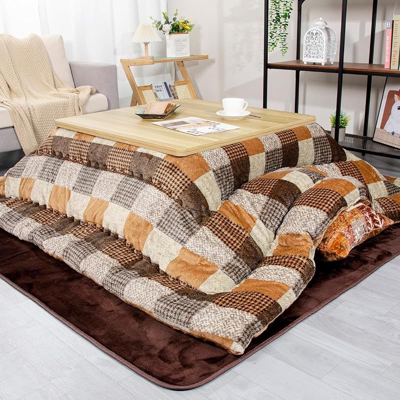 JEMAジェマ こたつ布団 こたつ厚掛け布団 コタツふとん 長方形 掛け布団 厚手 リバーシブル 両面使える 吸湿発熱 中空綿 ふわふわ もこもこ フランネル素材 約185 x 235 cm 洗える チエック ブラウン