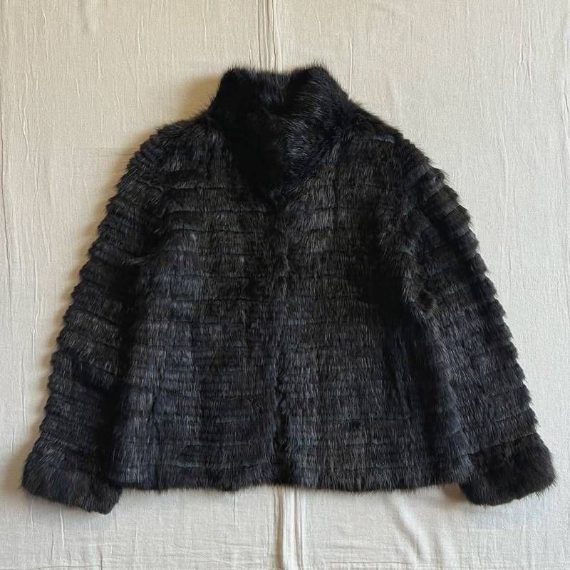 90 s ファーコート マスクラット×レース 毛皮 フックボタン留め 襟付きジャケット ブルゾン ブラック×ブラウン系 レディ―ス 9 ARサイズ Y 2 K 平成ギャル 感 ラグジュアリー フェアリーグランジ real fur jacket