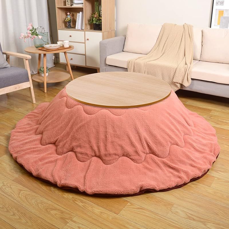 JEMAジェマ こたつ布団 コタツ厚掛け布団 こたつふとん 丸型 円形 丸い リバーシブル 両面使える 掛け布団 吸湿発熱 中空綿 ふわふわ もこもこ ボアフリース素材 無地 直径約205 cm ピンク 洗える