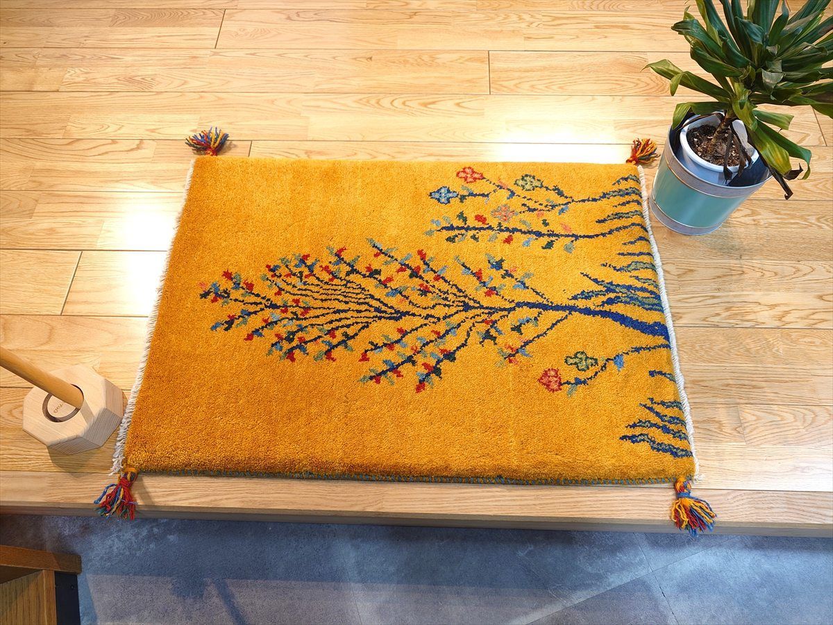 ペルシャ ギャッベ 玄関マット ラグ 86 x 60 cm 黄金色 生命の木 花 RJ 15274