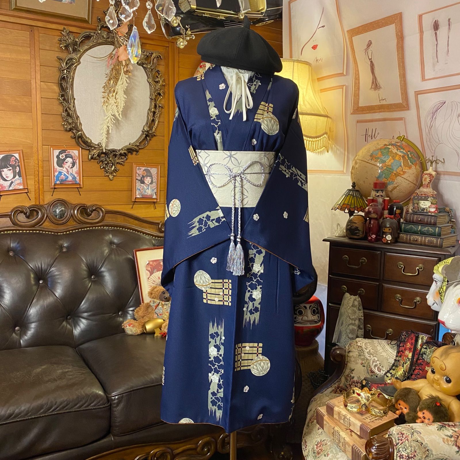 着物リメイク ワンピース ドレス 洗える 化繊 名古屋帯サッシュベルト 和洋折衷 レトロ 古着 ハンドメイド 紺碧の静寂 KW-1187