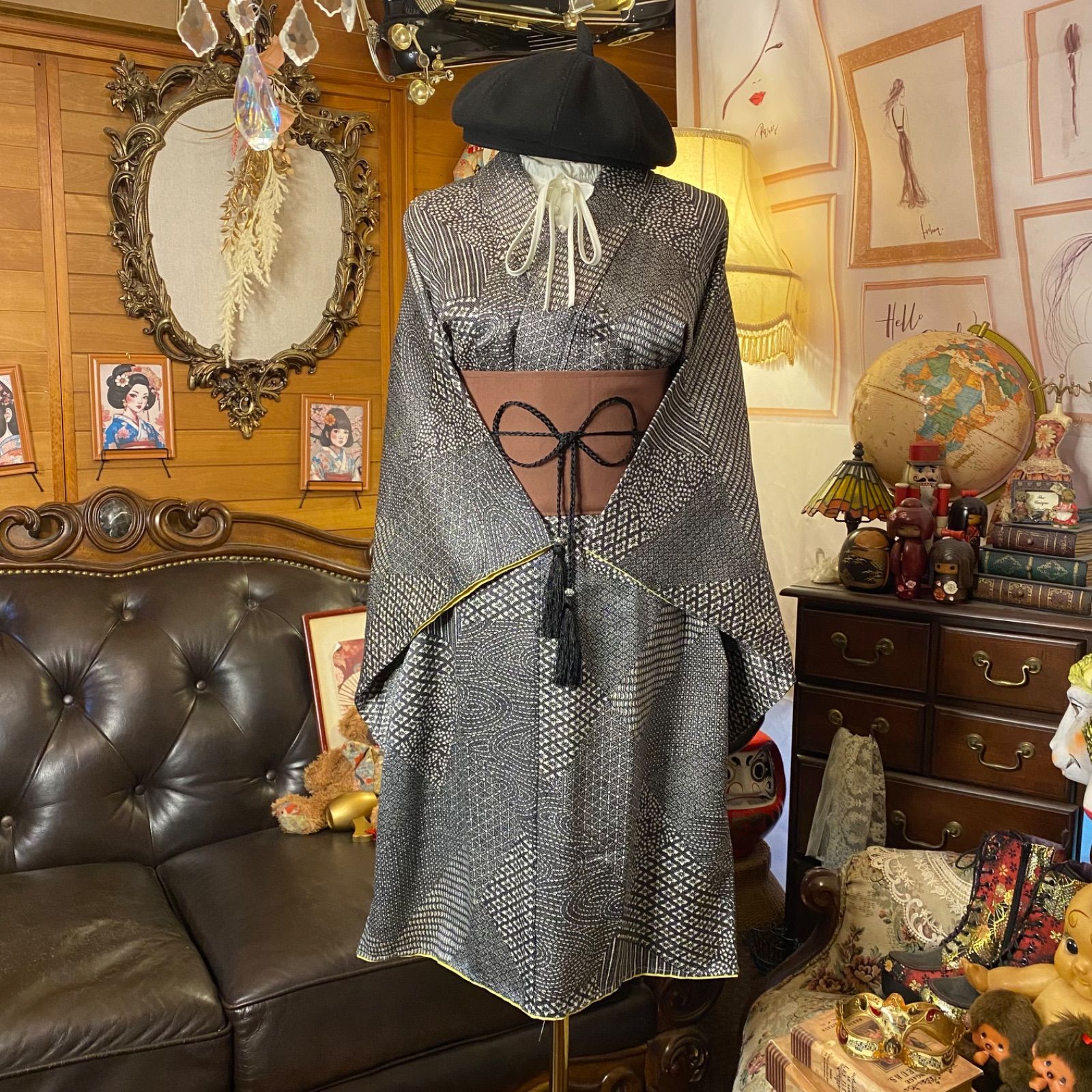 着物リメイク ミニミディワンピース ドレス 洗える 化繊 帯サッシュベルト 和洋折衷 レトロ 古着 ハンドメイド モノトーン幾何学パッチ 知的シック KW-1189