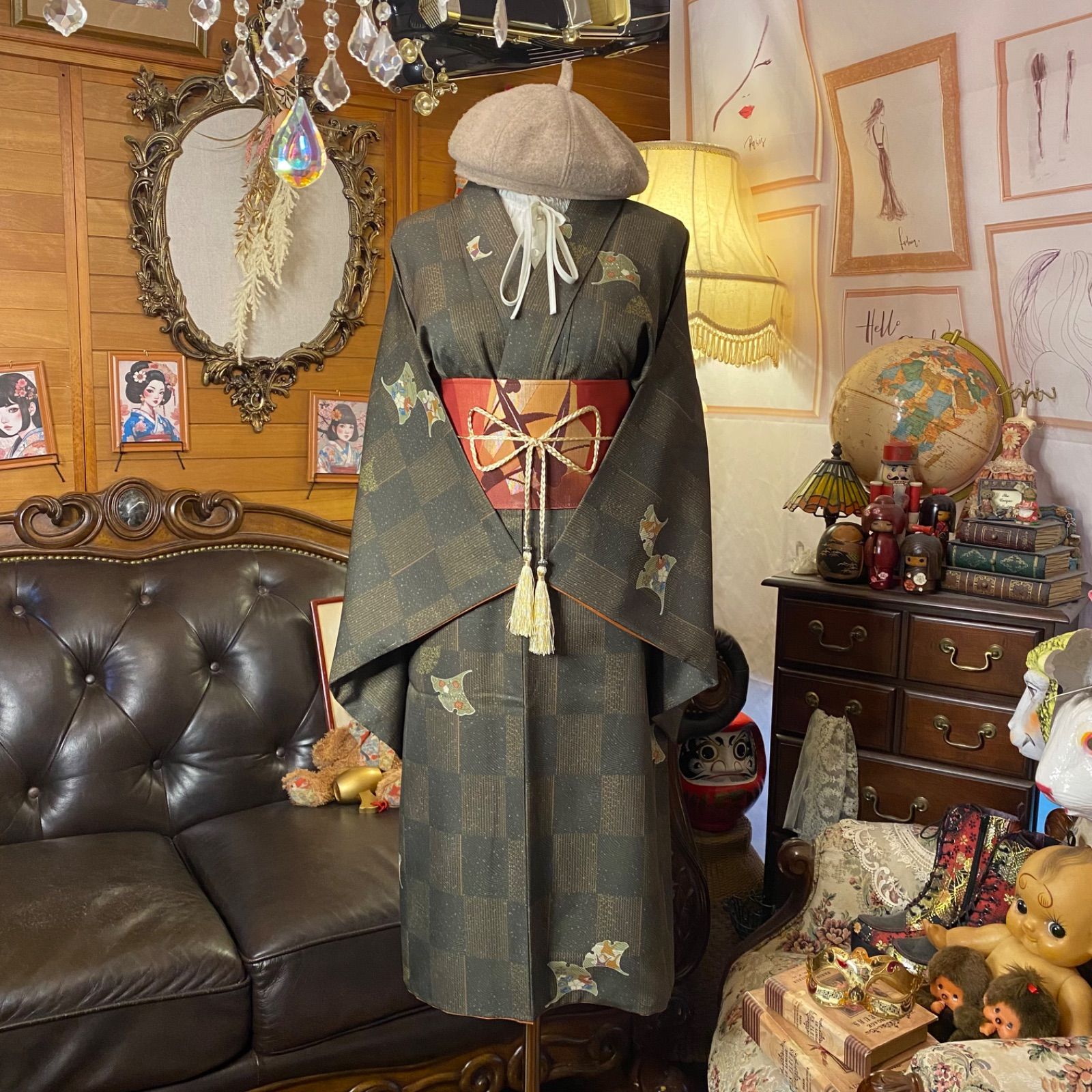 着物リメイク ワンピース ドレス 洗える 化繊 名古屋帯サッシュベルト