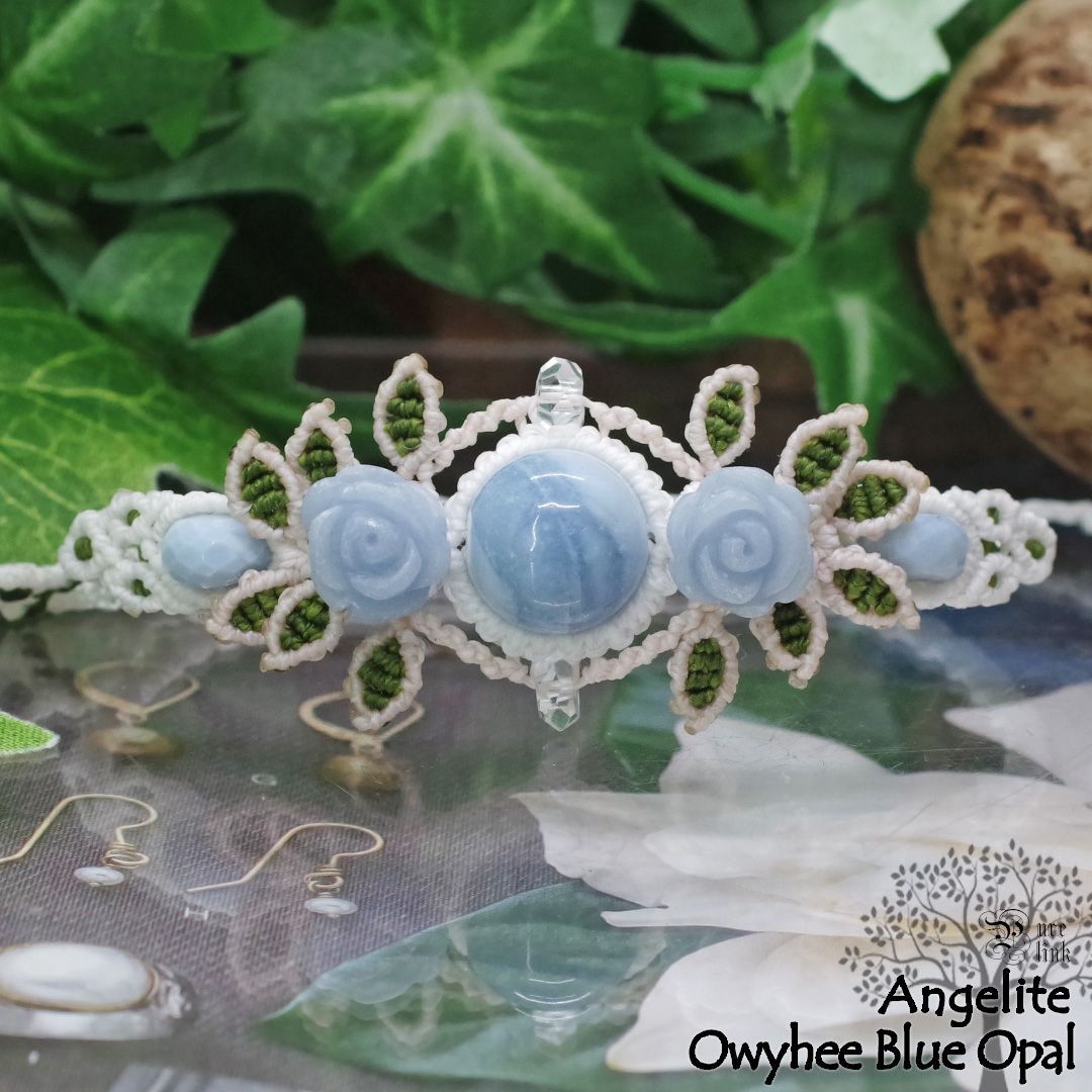 オーウィーブルーオパール エンジェライト Owyhee Blue Opal Angelite 強い癒しをもたらす希望の青薔薇 生命の樹 マクラメ編みブレスレット