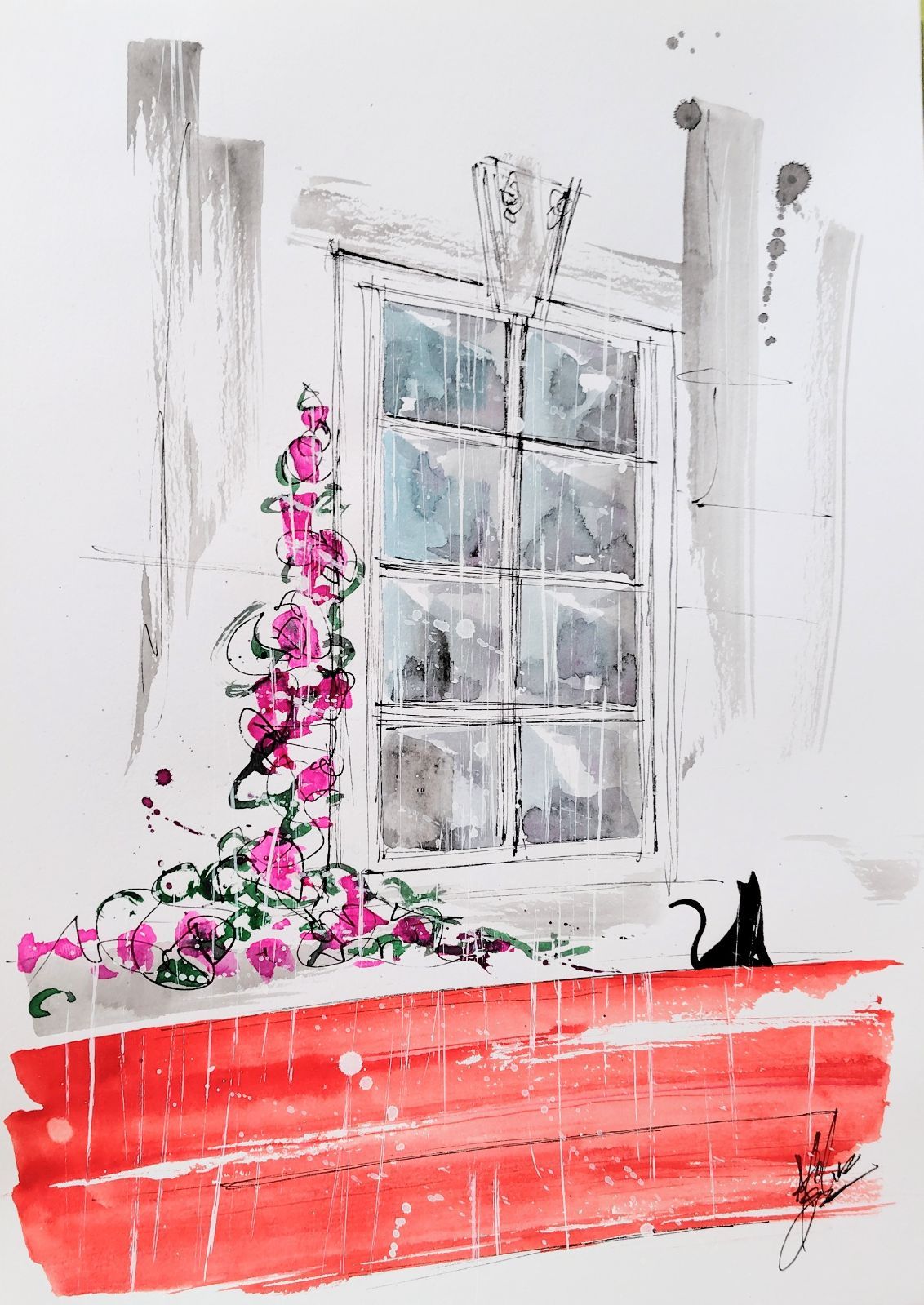 原画#33 黒猫 雨 花 パリ フランス 水彩画 ドローイング インテリア