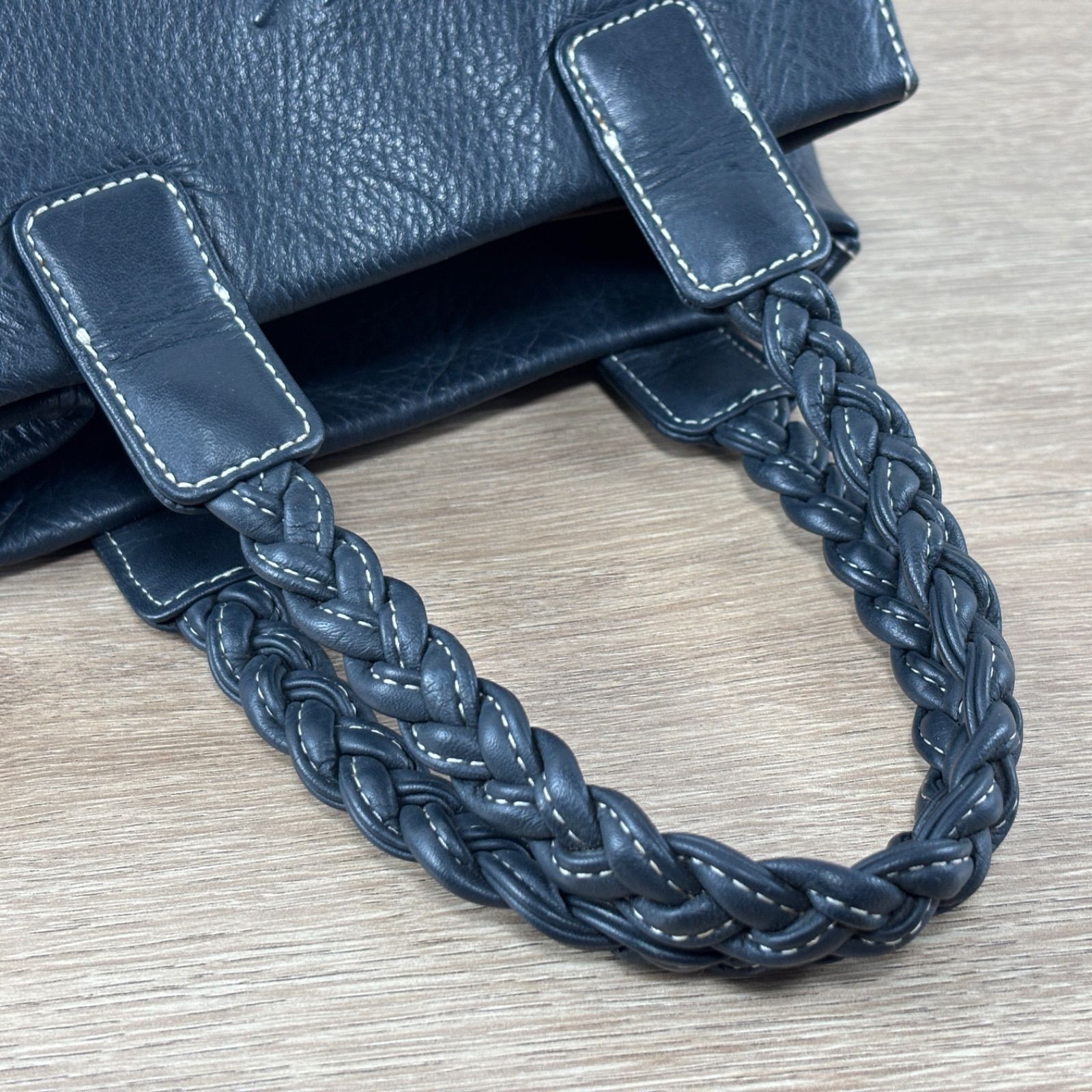 Kitamura キタムラ ハンドバッグ 編み込みハンドル レザー 革 ネイビー