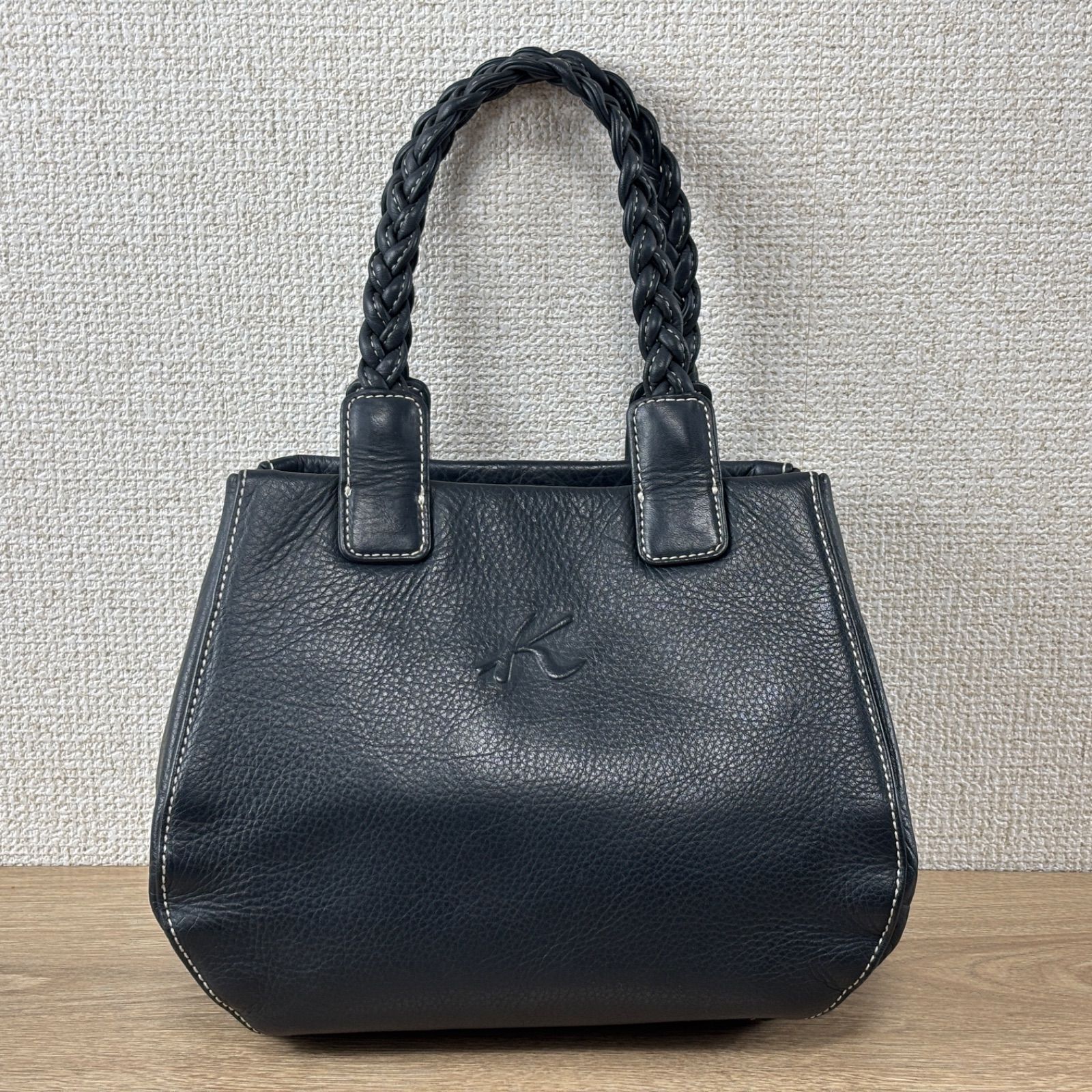 Kitamura キタムラ ハンドバッグ 編み込みハンドル レザー 革 ネイビー
