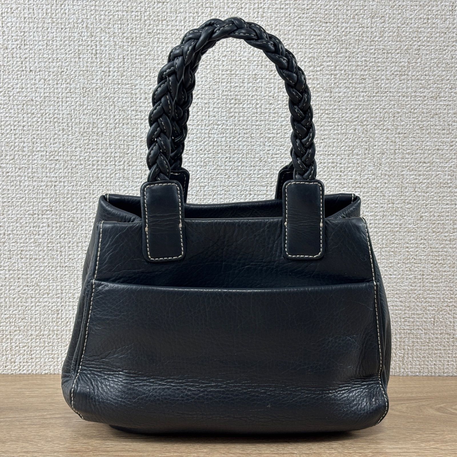Kitamura キタムラ ハンドバッグ 編み込みハンドル レザー 革 ネイビー