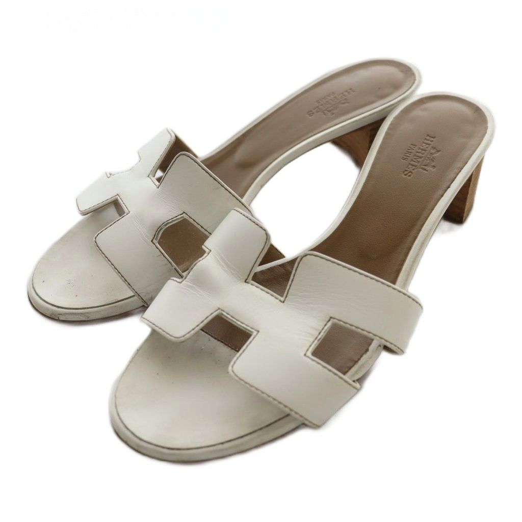 エルメス HERMES オアジス Oasis サンダル 37 白 ホワイト 茶 ブラウン