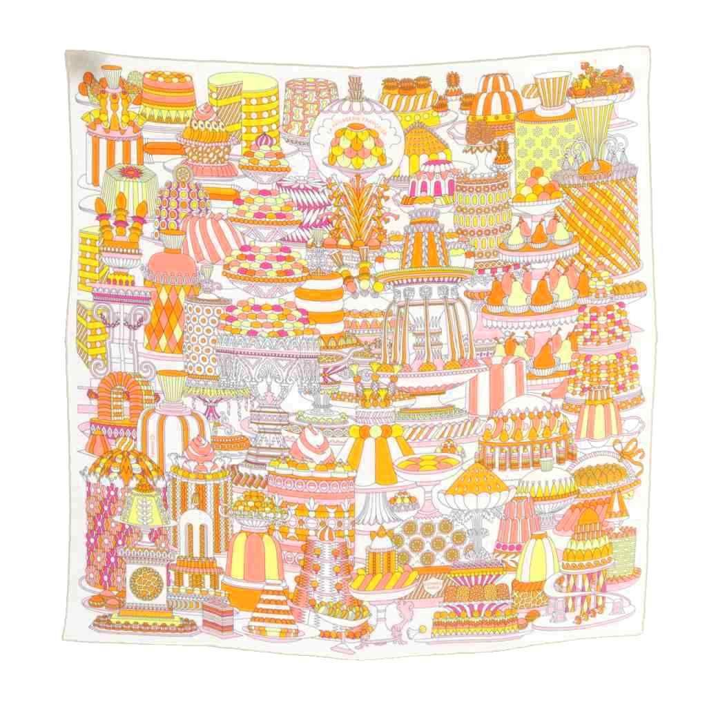 エルメス HERMES LA パティスリー フランセーズ 総柄 スカーフ 白 ホワイト オレンジ カレ45