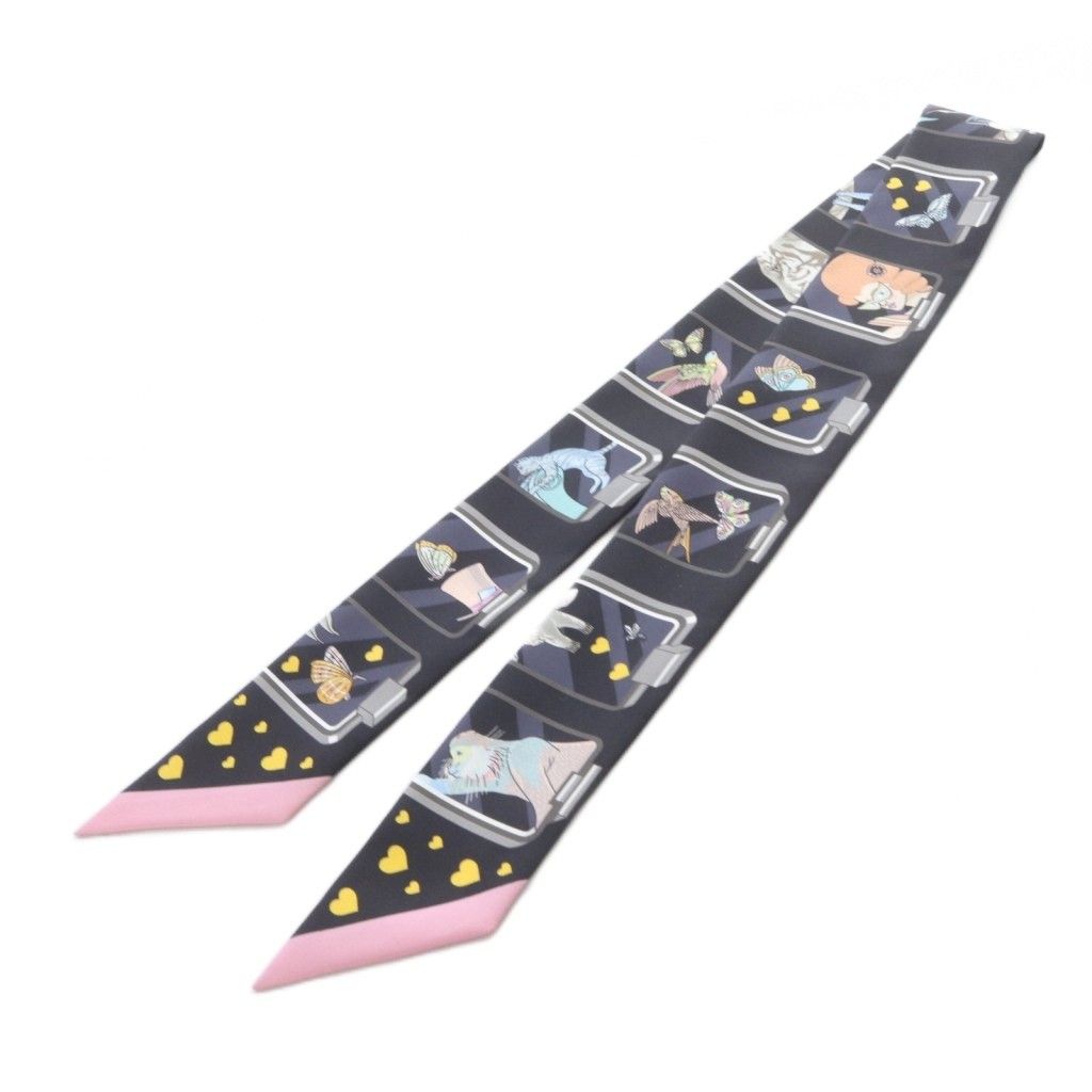  エルメス HERMES ツイリー STORY ストーリー スカーフ 総柄 黒 ブラック バンダナ スカーフ 小物