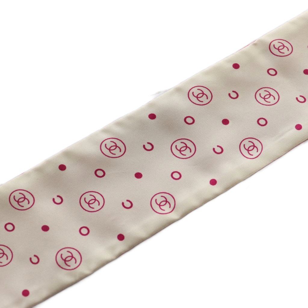 CHANEL スカーフ リボンドット柄 ベビーピンク シルク シャネル CHANEL リボンスカーフ ココマーク ドット シルク ピンク 白