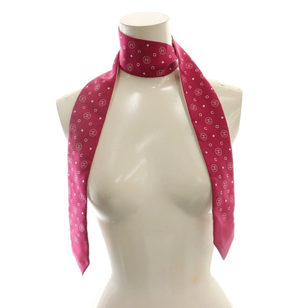 シャネル CHANEL リボンスカーフ ココマーク ドット シルク ピンク 白