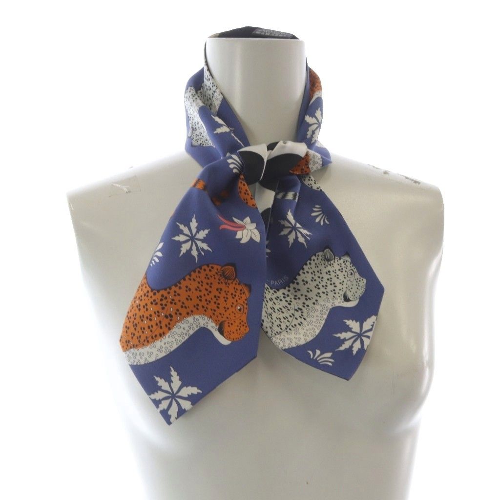  エルメス マキシツイリー LES LEOPARDS スカーフ 総柄 青 ブルー 黒 バンダナ スカーフ 小物