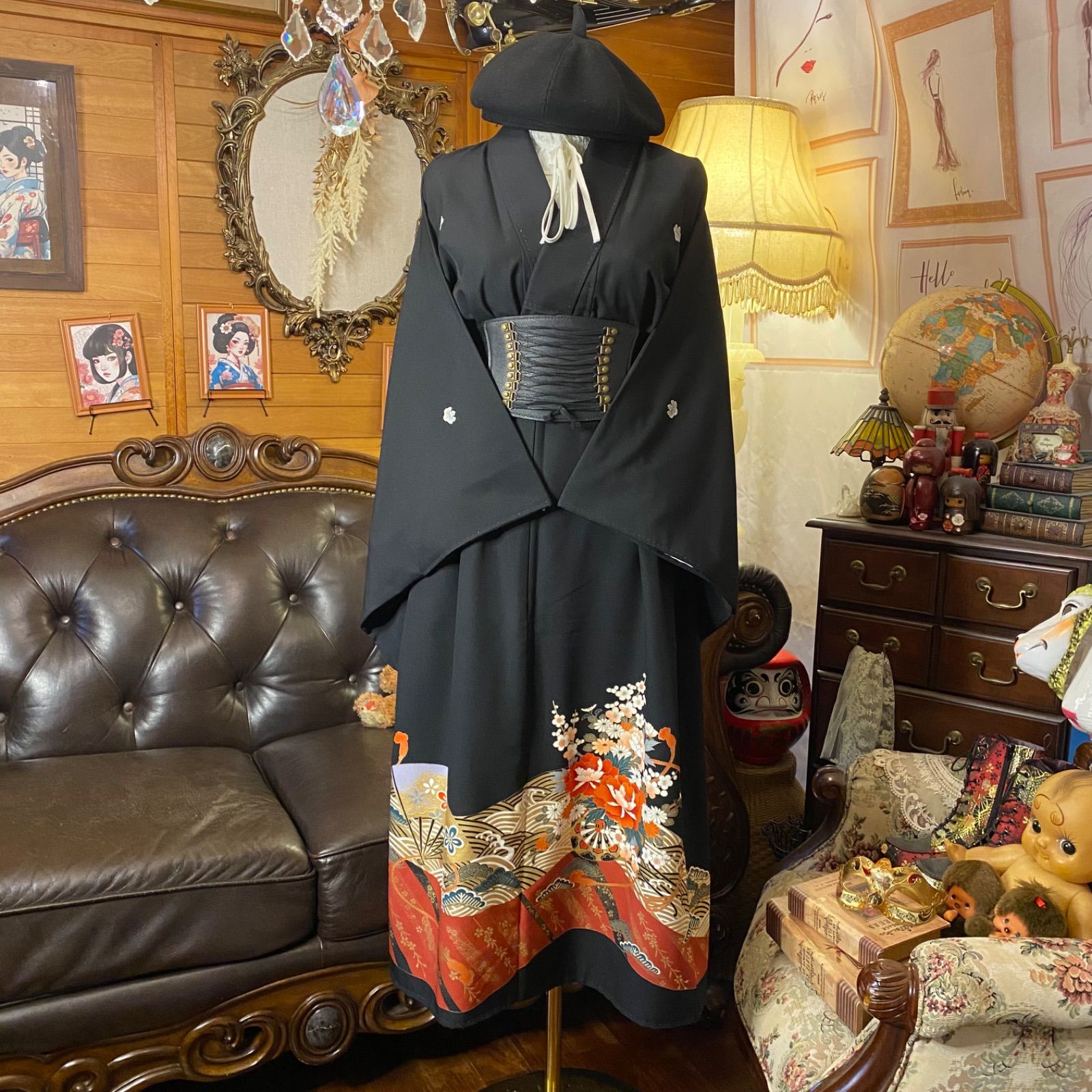 黒留袖 着物 リメイク ワンピース ドレス セミロング 和洋折衷 洗える