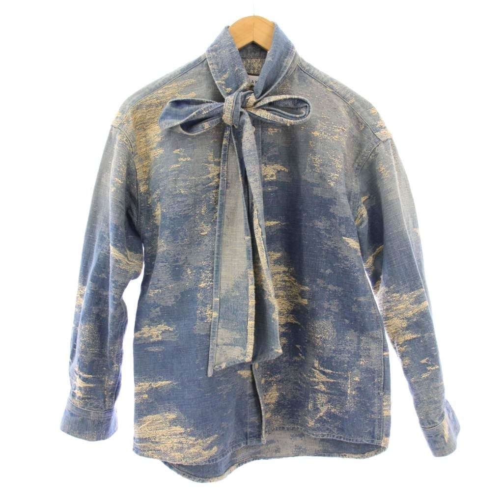 ターク TAAKK ジャガードデニムボウタイブラウス シャツ 長袖 バイ 2 青 ブルー ベージュ TA 24 SS-SH 333 BB