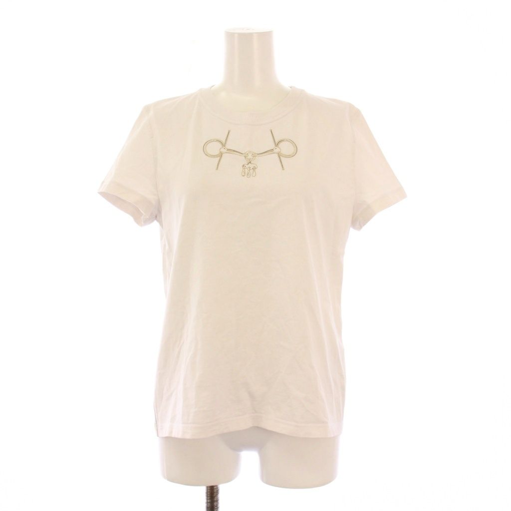 エルメス HERMES カルトゥッシュ モール Tシャツ カットソー 半袖 クルーネック ストレッチ プリント 38 白 ホワイト BB