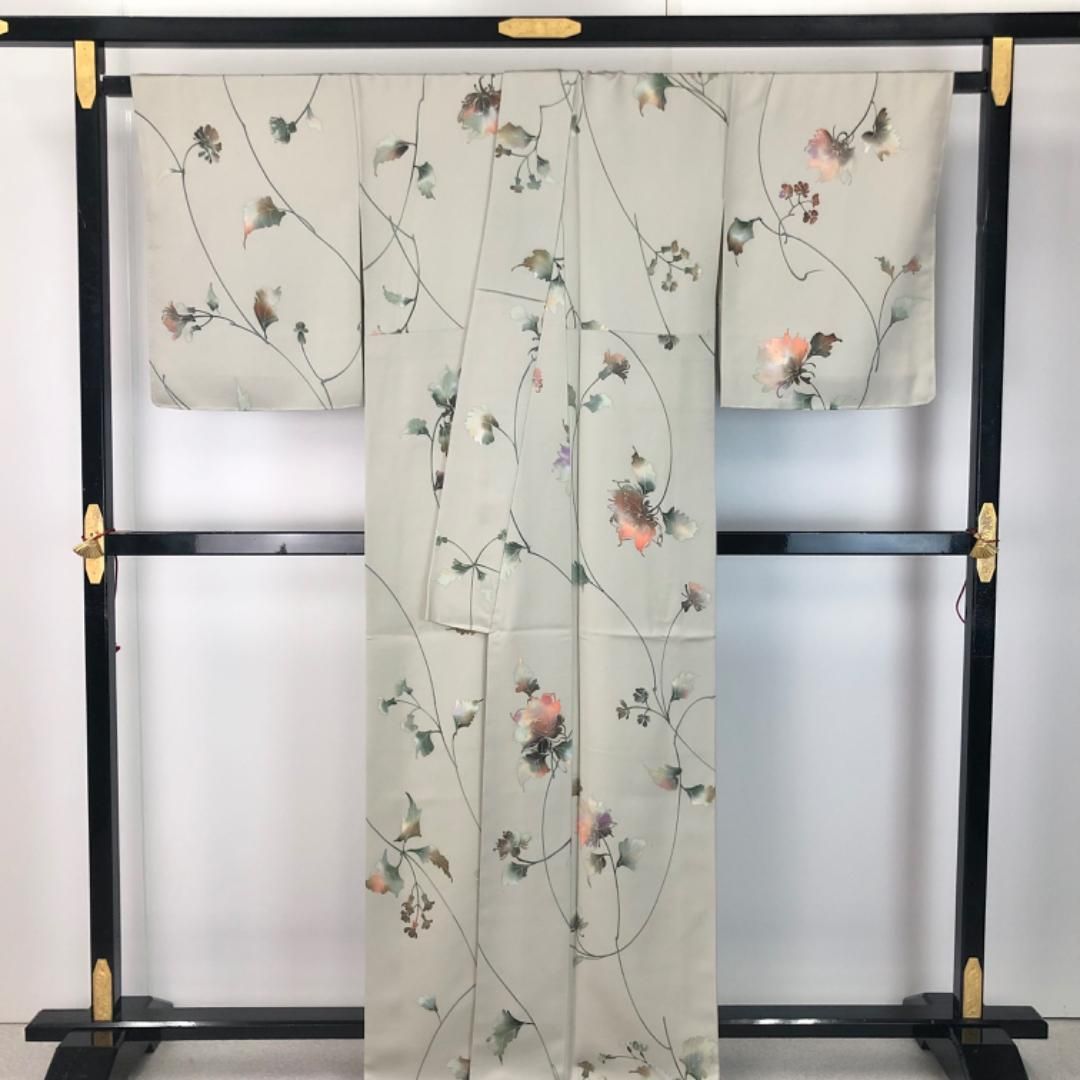  小紋 美しい花模様 薄利休鼠色 トールサイズ しつけ糸 K-5638 小紋 着物