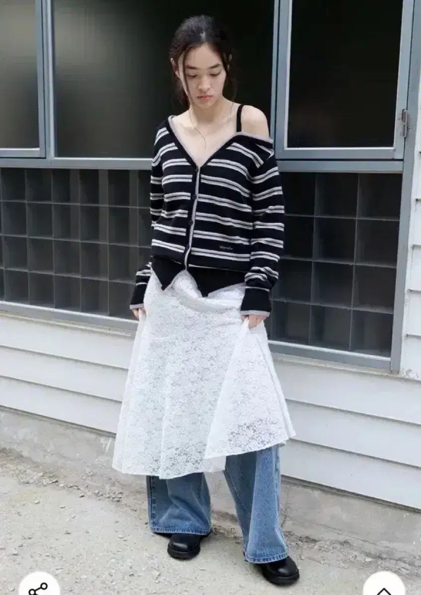  ROLAROLA ウォニョン WONYOUNG チャンウォニョン ストライプ ウール ワンショルダー オフショルダー カーディガン ブラック 長袖 カーディガン ボレロ アンサンブル