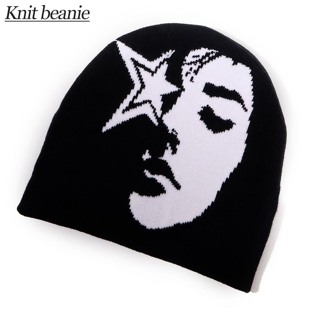 ビーニー ニット帽 星 フェイス柄 ブラック ホワイト アート モード