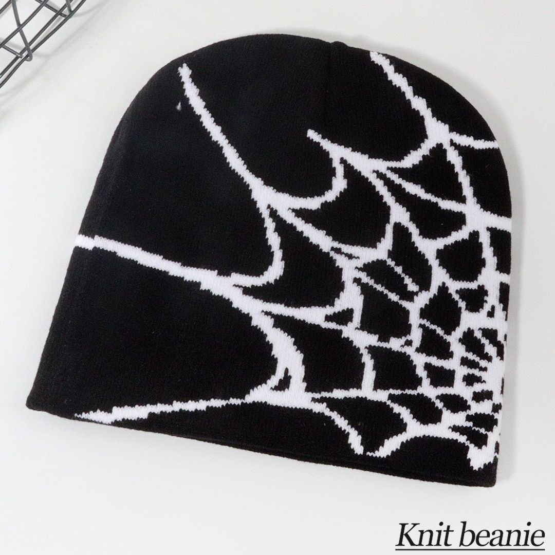 ビーニー ニット帽 スパイダーウェブ柄 ブラック ホワイト クモの巣