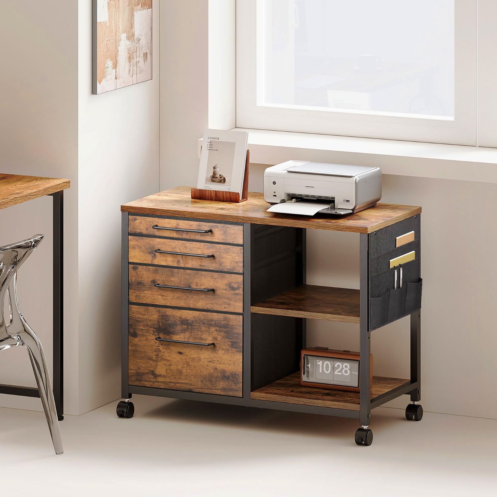 大容量 プリンター台 キャスター付き A 4対応 オフィスワゴン 4段 デスク下収納 サイドワゴン 層板付き 幅750 奥行400 高さ650 mm 袖机 布製 ビンテージ デスクワゴン サイドキャビネット 棚付きラック POPスタンド