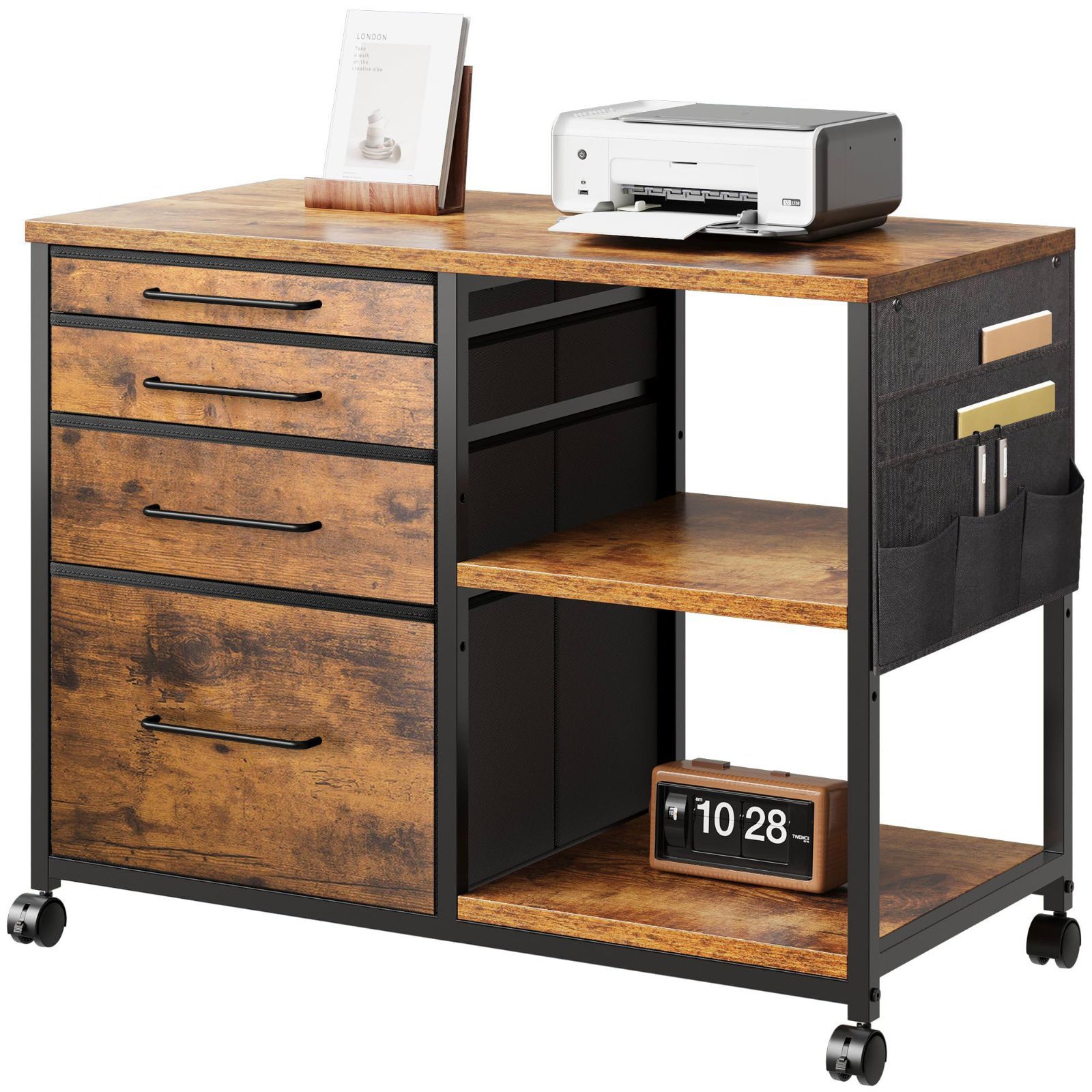大容量 プリンター台 キャスター付き A 4対応 オフィスワゴン 4段 デスク下収納 サイドワゴン 層板付き 幅750 奥行400 高さ650 mm 袖机 布製 ビンテージ デスクワゴン サイドキャビネット