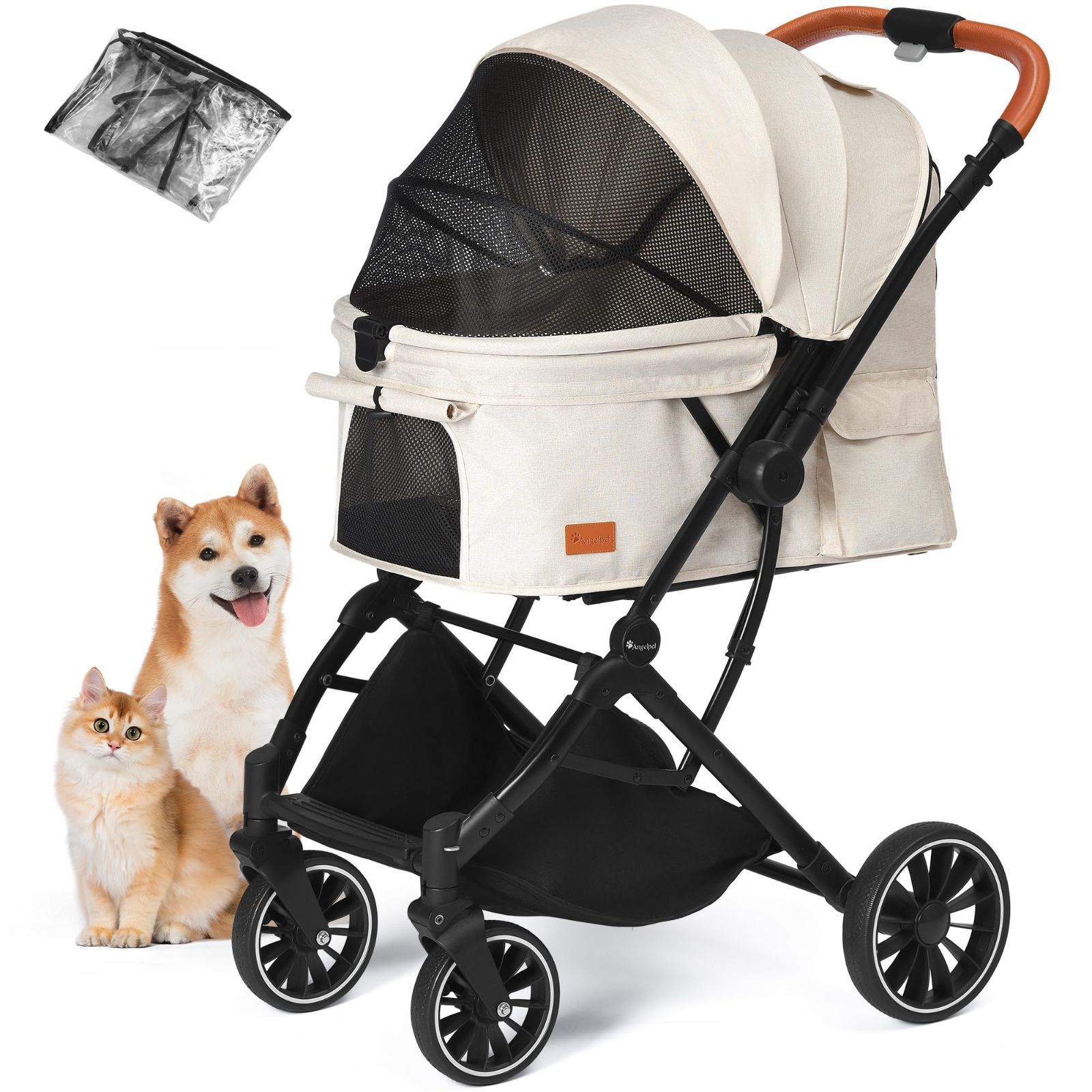 数量 大容量 自立式 4輪 多頭対応 前輪360°回転 犬猫用バギー 前後輪ブレーキ付き 飛び出し防止 対面両用式 組み立て簡単 軽量 一体型コンパクト折りたたみ 耐荷重30 KG レインコート付属 ペットカート ベージュ