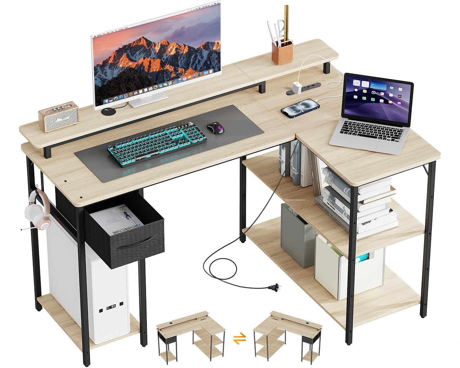 pcデスク オフィスデスク 127 cm長さ 85 cm奥行 75 cm高さ 配線穴付き モニター台付き 可動式棚板 電源タップ付き 引き出し付き 調整 な脚 左右組み替え 省スペース おしゃれ L字型 勉強机 L字デスク パソコンデスク 組み立て簡単 頑丈