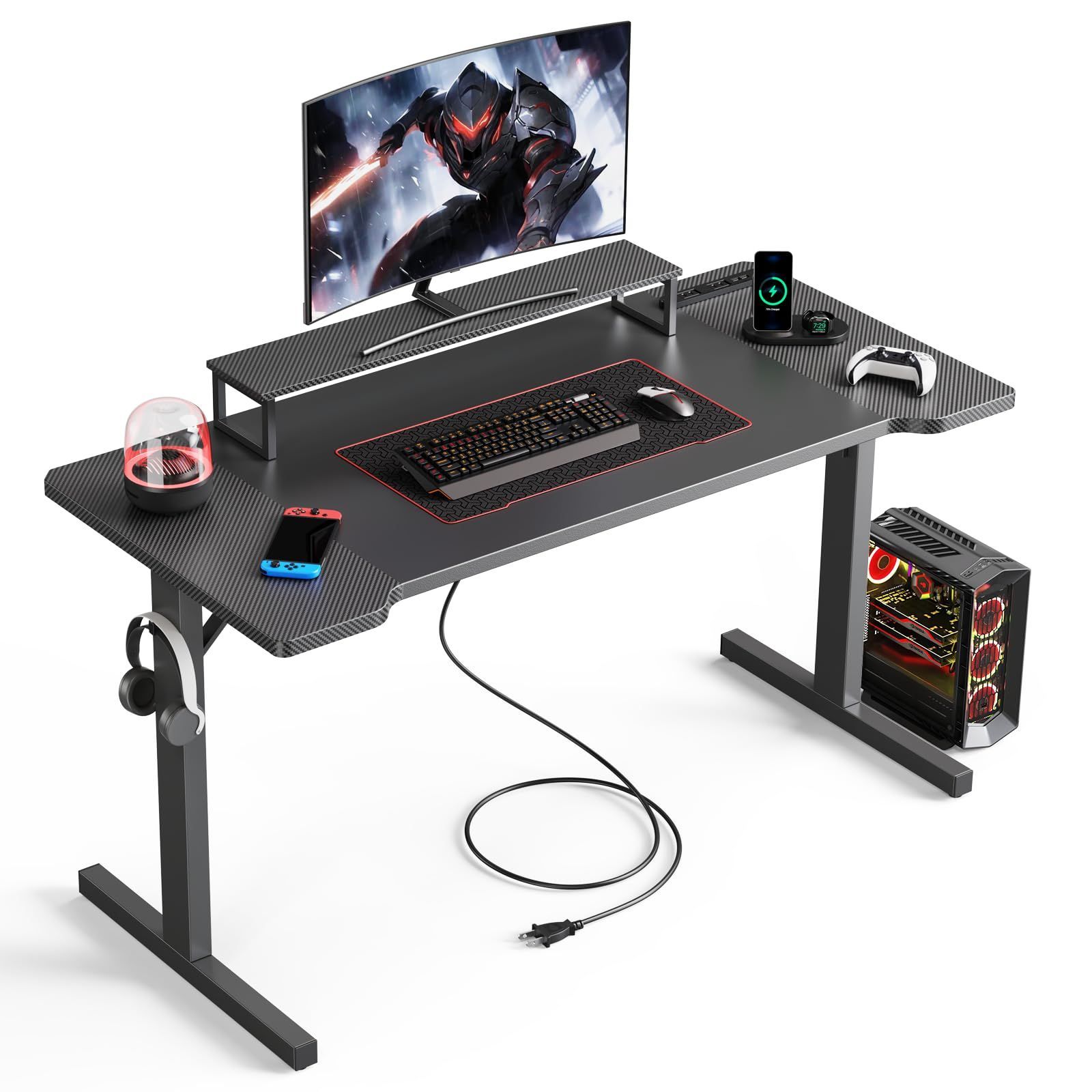 幅140 cm コンセント付き モニター台付き パソコンデスク ゲームデスク 黒 PC desk 作業机 ワークデスク オフィスデスク ゲーミングデスク 勉強机 取立簡単 頑丈安定なフレーム