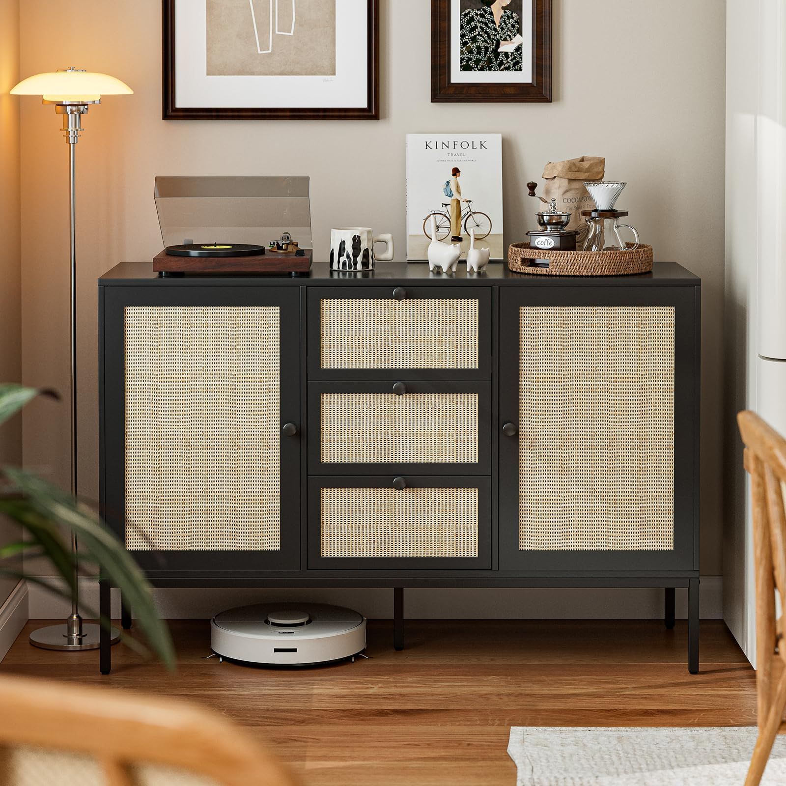 キッチン 収納 アクセント 調節 な棚付き サイドボード おしゃれ 大容量 ラタン収納棚 リビングボード リビングルーム 引き出し付き ダイニングルーム 木製 寝室用 扉収納 幅120 奥行40 高さ79 1 cm キャビネット