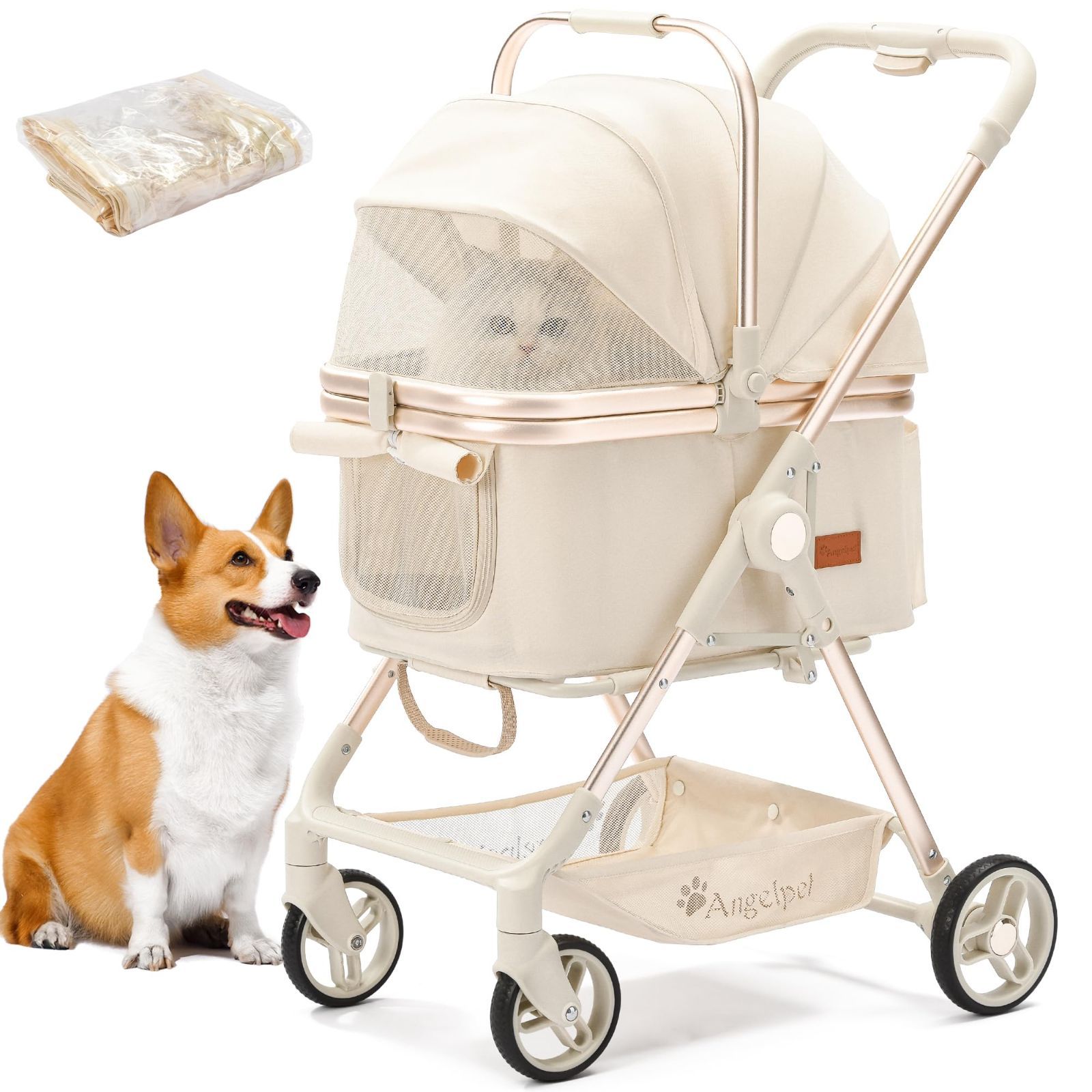 分離型 4輪 3 WAY ベビーカー基準 軽量＆大容量 耐荷重25 kg 15 cm大径タイヤ 折りたたみ 自立式 後輪ワンステップブレーキ 猫 ペットカート 犬用 小型犬 中型犬 多頭飼い レインカバー付 ミルキーホワイト