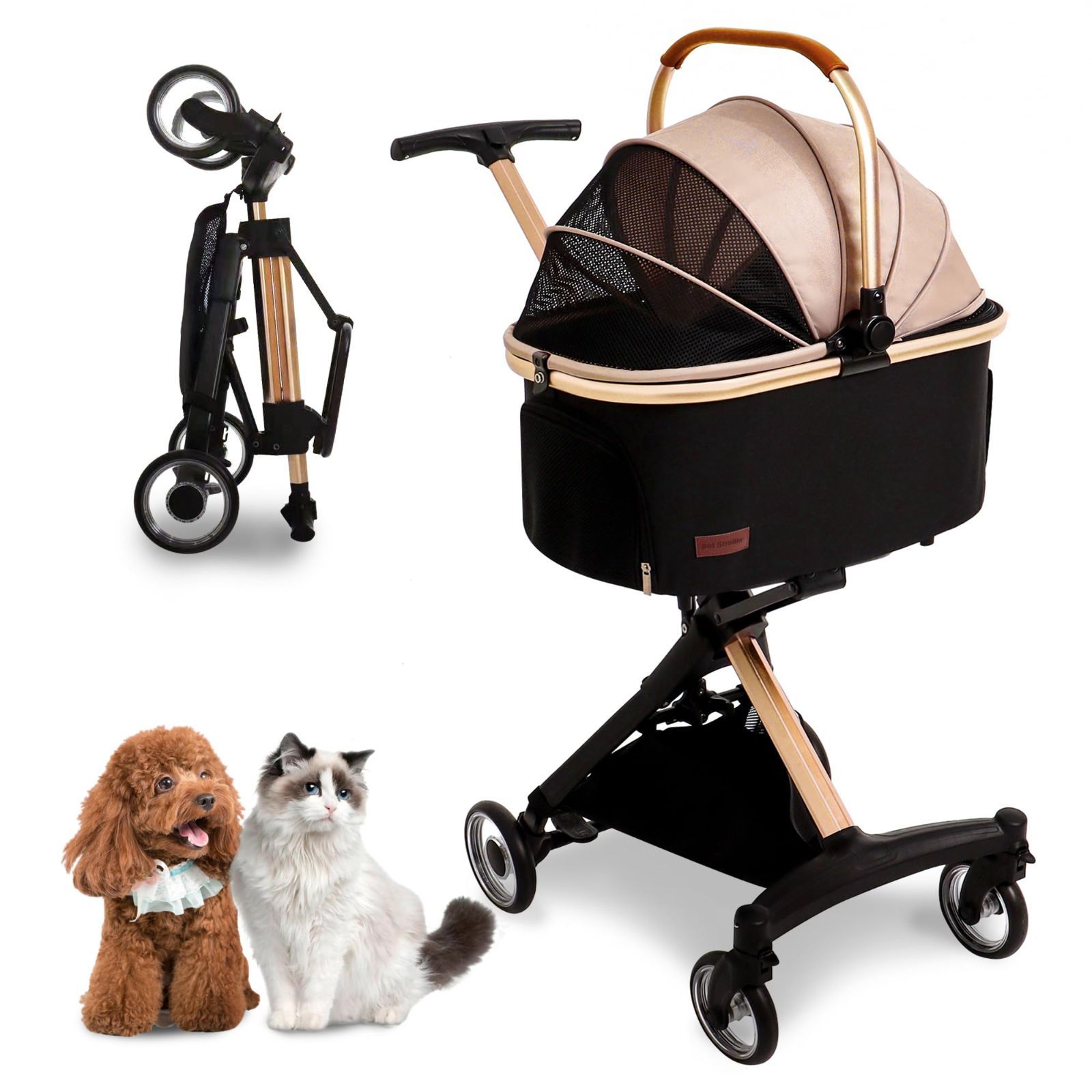 折り畳みわんタッチ2 way 前輪360°回転 組み立て簡単 後輪ブレーキ付き 軽量 耐荷重20 Kg コンパクト いぬ用 猫 バギー 小型犬多頭 猫用 中型犬 犬 分離型 散歩 ペットカート 外出便利 ball ベージュ Totoro