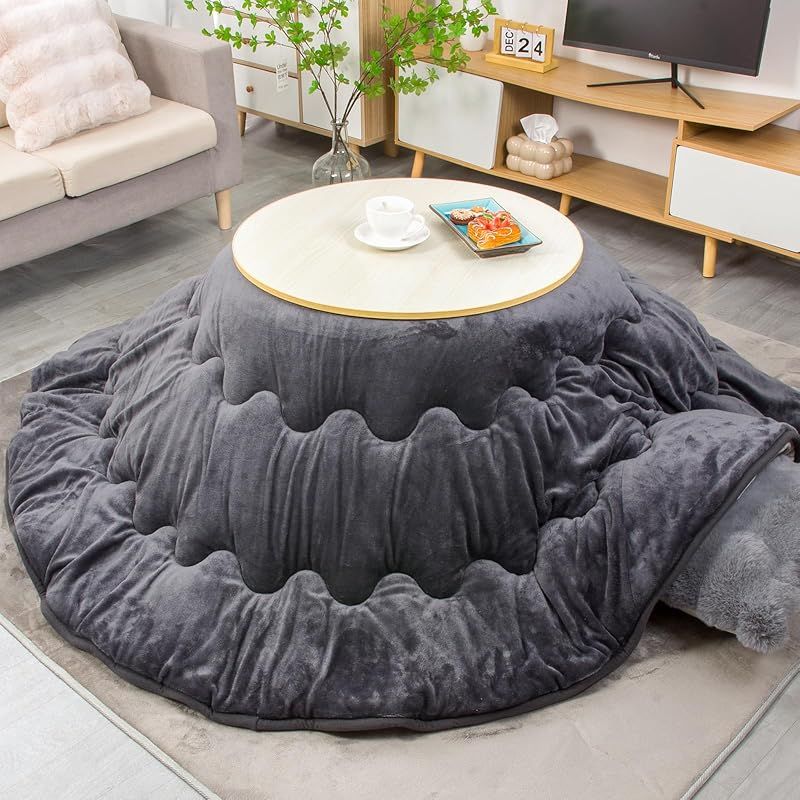 Peto Raifu 円形 丸型 こたつ掛け布団 薄掛け 丸い こたつ布団 フランネル こたつふとん 掛け布団 薄掛けこたつ布団 暖かい 炬燵用布団 両面使える シンプル 無地 ダークグレー 直径約225 cm