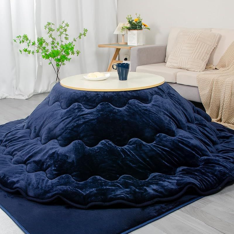 即納：JEMAジェマ こたつ布団 こたつ厚掛け布団 掛け布団単品 丸型 円形 丸い リバーシブル 両面使える フランネル 発熱綿使用 保温性 丸洗いOK 毛抜けない ネイビー 直径約225cm 1