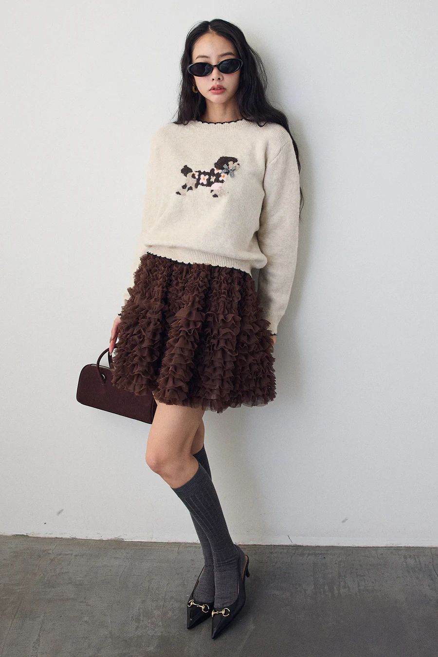 Frene ドッグジャガードニット ホイップチュールミニ丈スカート ブラウン