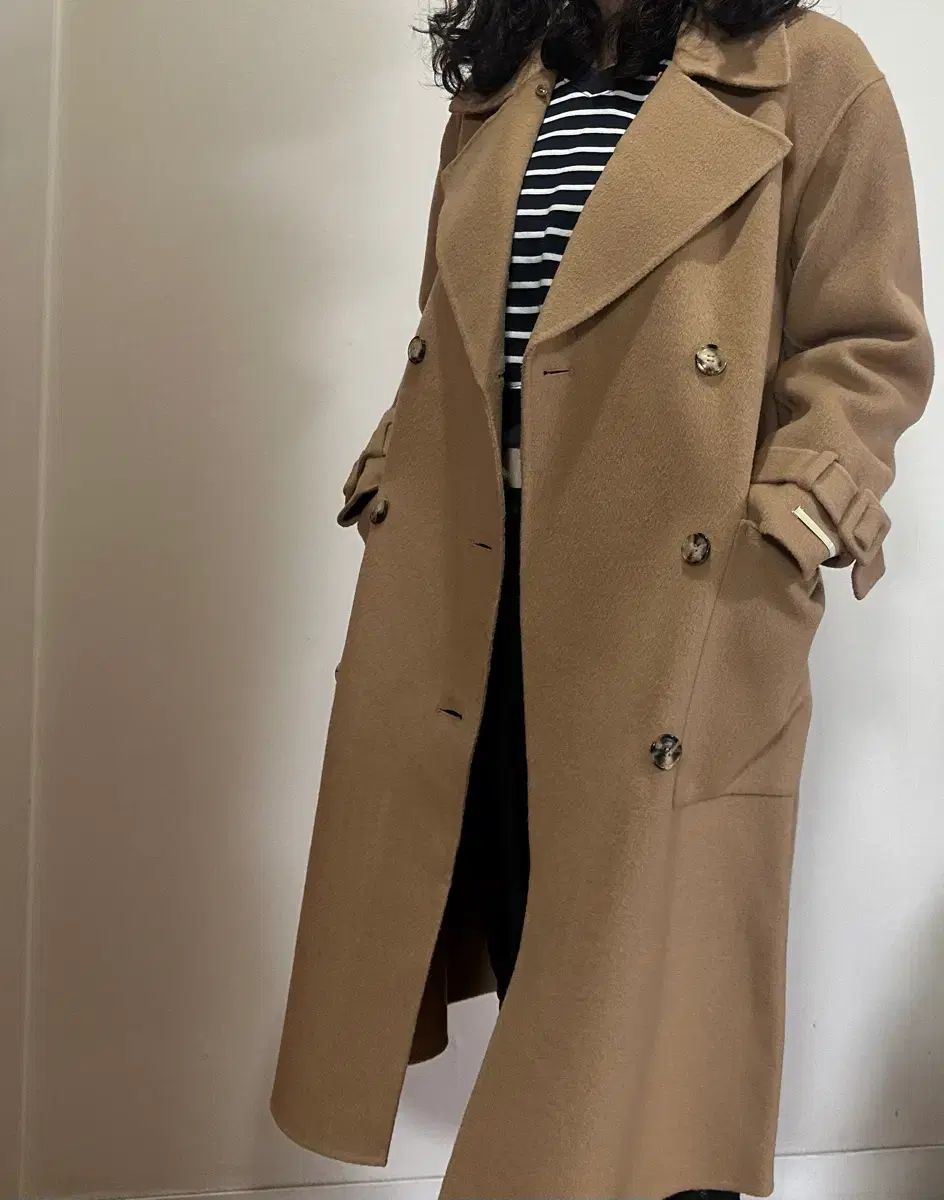 新品) ウール100 キャメル ハンドメイド ダブルボタン ロングコート