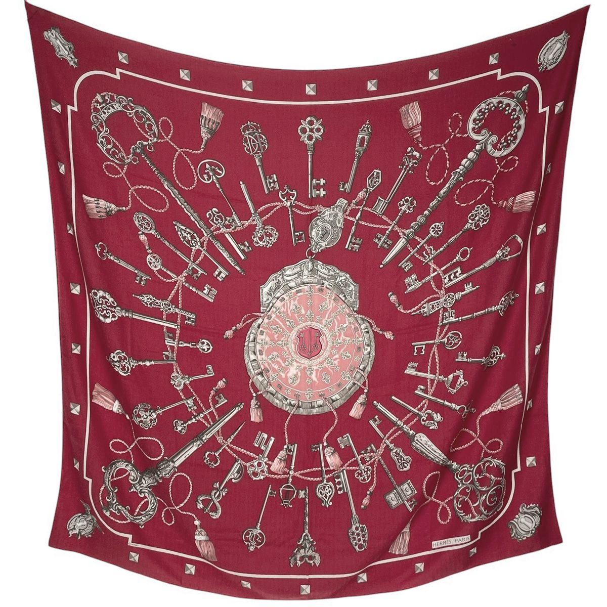 エルメス HERMES カレ 140 鍵柄 キー 大判 スカーフ ショール カシミヤ シルク レッド マルチ レディース