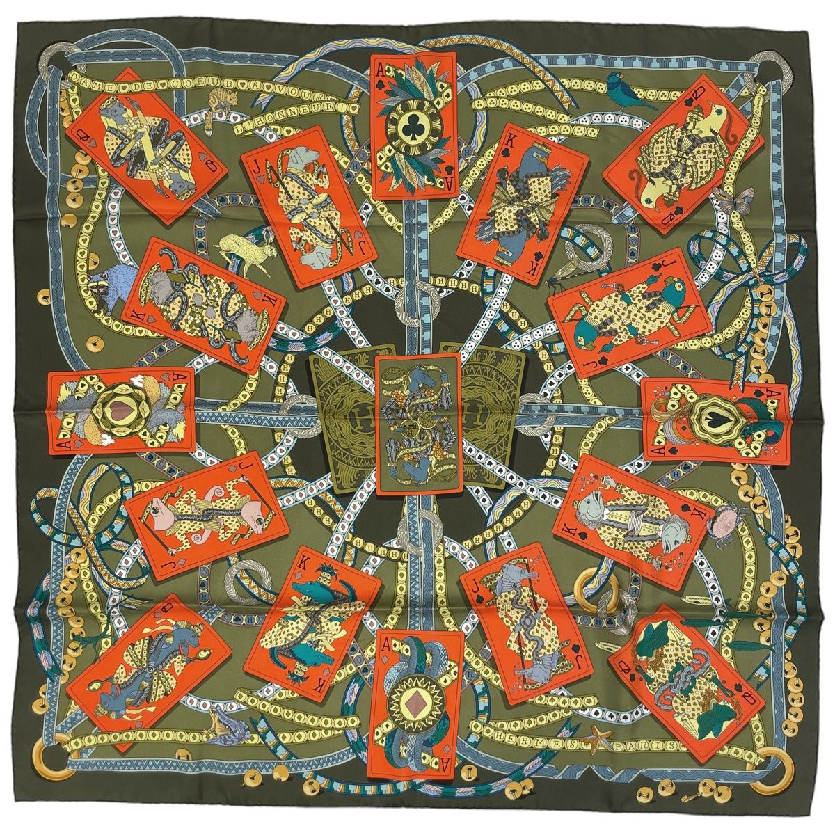 エルメス HERMES カレ 90 DAME DE COEUR A VOUS L’HONNEUR! ハートのクイーン女王 トランプ スカーフ シルク グリーン マルチ レディース