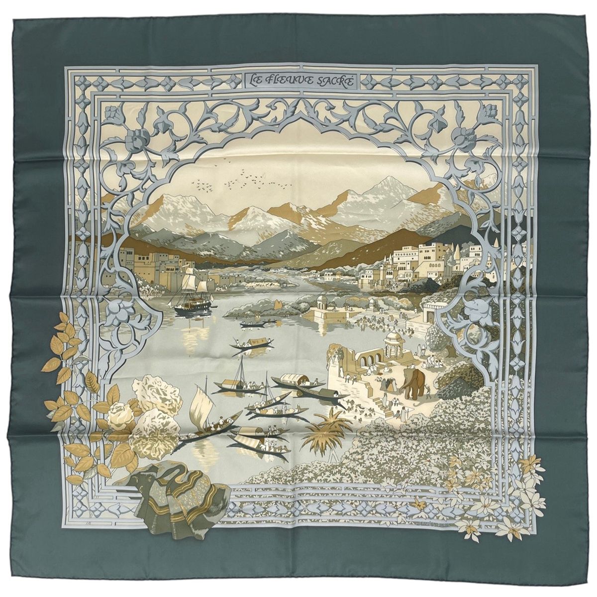 エルメス HERMES カレ 90 LE FLEUVE SACRE 聖なる大河 スカーフ シルク グレー マルチ レディース