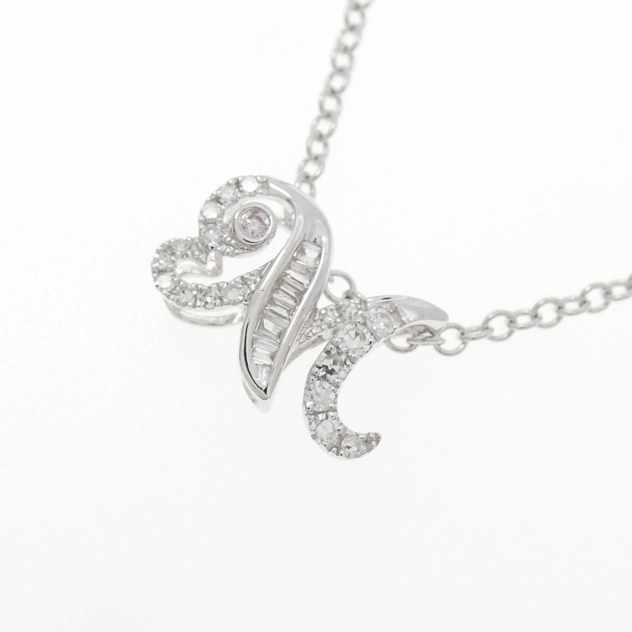 750WGダイヤモンドネックレス K18WG/750WG イニシャルM ピンクダイヤモンド ネックレス 0.005CT