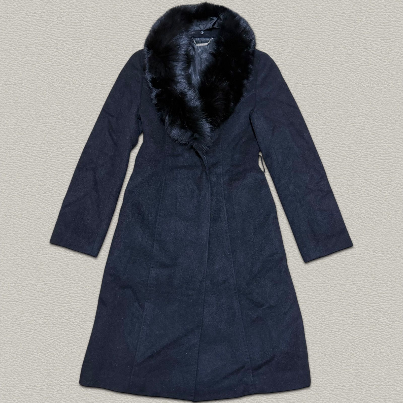 青アンゴラコート　ファー取り外し 23区 DEUX ロングコート 1 ウール アルパカ混 アンゴラ混 S 比翼コート