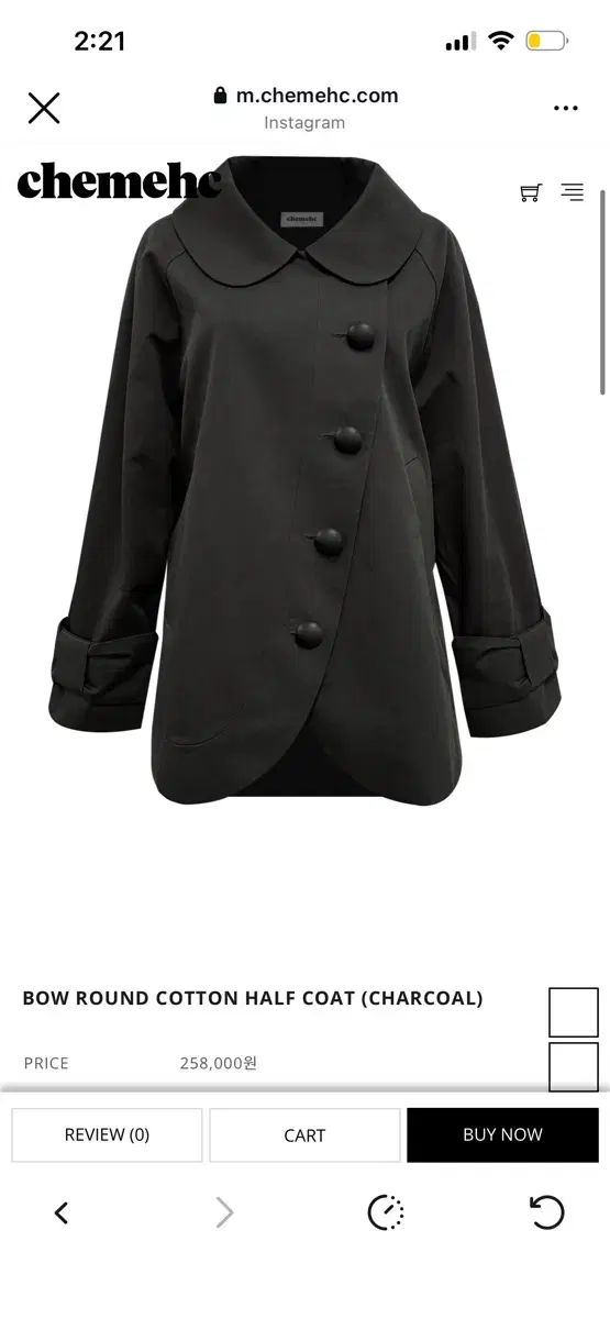 チェメヘ ボー ラウンド コットン ハーフ コート ジャケット チャコール