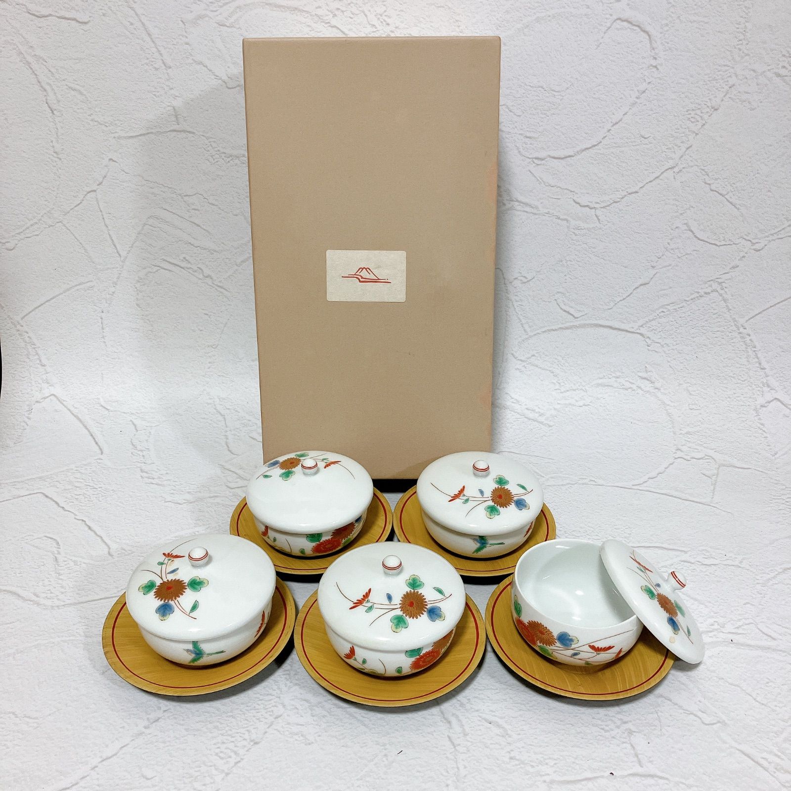 深川製磁 蓋付き湯呑み 5客セット き 菊小鳥 春型汲出揃 宮内庁御用達 金彩