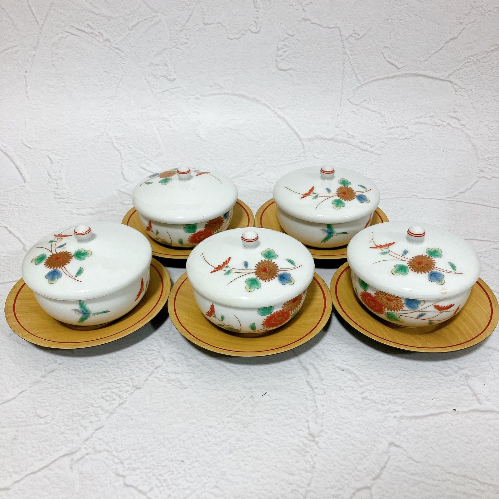 深川製磁 蓋付き湯呑み 5客セット き 菊小鳥 春型汲出揃 宮内庁御用達 金彩