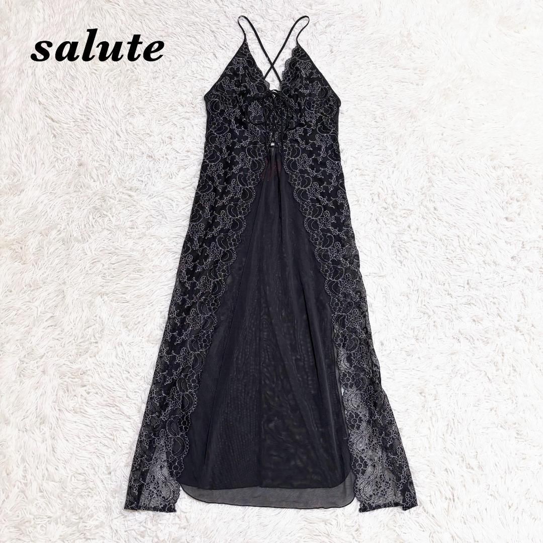 salute ブラックレースロングキャミソール ランジェリーM