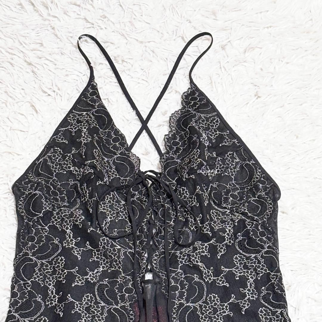 salute ブラックレースロングキャミソール ランジェリーM